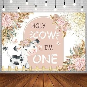 AIBIIN 7x5ft Holy Cow I'm One Backdrop for Girl Boho Pink Floral First Birthday